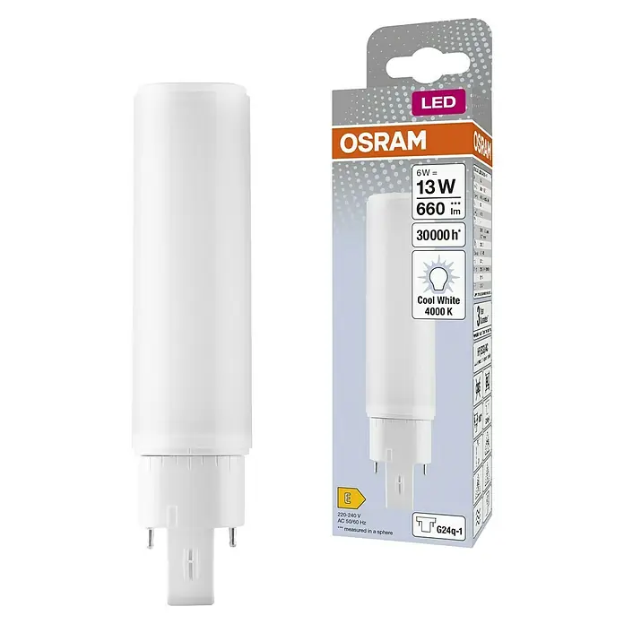 Osram LED-Röhre DULUX LED D/E - Länge: 14,28 cm, Kaltweiß, 6 W, 660 lm, G24q-1 - Eine Osram LED-Lampe, die 13 W entspricht und ein kühles weißes Licht mit 4000 K erzeugt, mit einer Lebensdauer von 30000 Stunden.