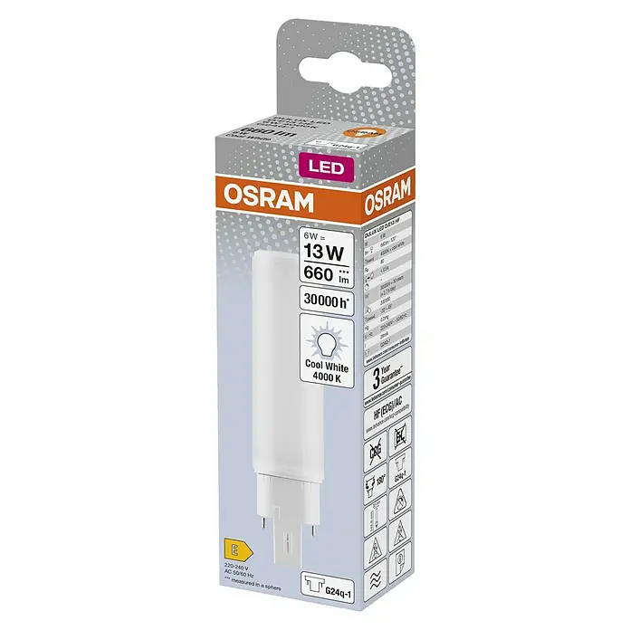 Osram LED-Röhre DULUX LED D/E - Länge: 14,28 cm, Kaltweiß, 6 W, 660 lm, G24q-1 - Produktbild einer Osram DULUX LED Lampe D/E13 HF. Die Lampe hat 6W, entspricht 13W, 660 Lumen und eine Lebensdauer von 30000 Stunden.
