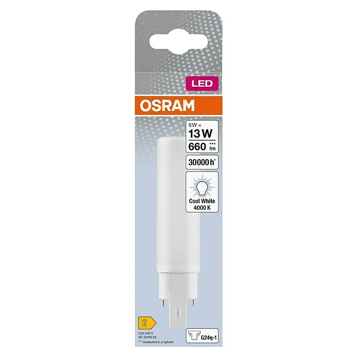 Osram LED-Röhre DULUX LED D/E - Länge: 14,28 cm, Kaltweiß, 6 W, 660 lm, G24q-1 - Verpackung einer Osram LED-Lampe, die 6W verbraucht, aber 13W entspricht, mit 660 Lumen, 30000h Lebensdauer und kaltweißem Licht (4000K).