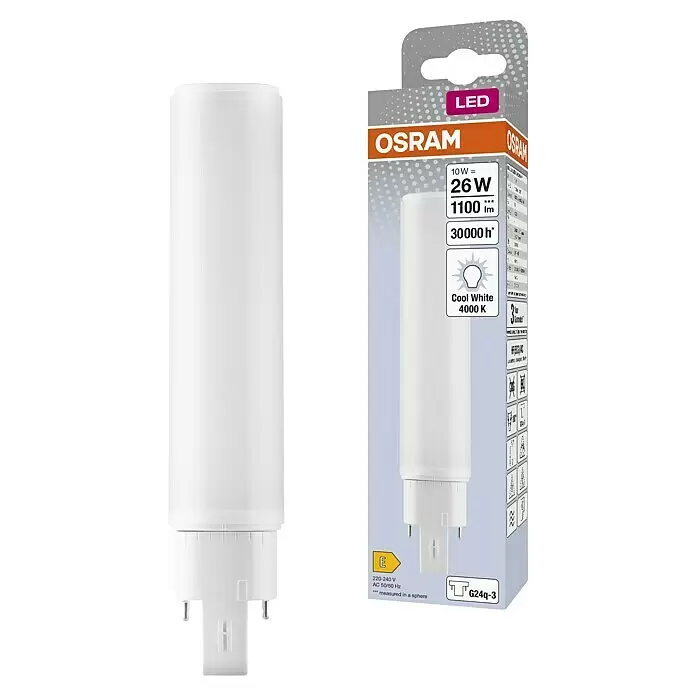 Osram Dulux D Bombilla LED - G24q-3, No regulable, Blanco neutro, 1.100 lm, 10 W, 1 ud. - Bombilla LED OSRAM G24q-3 cilíndrica blanca con base de 4 pines, junto a su embalaje.