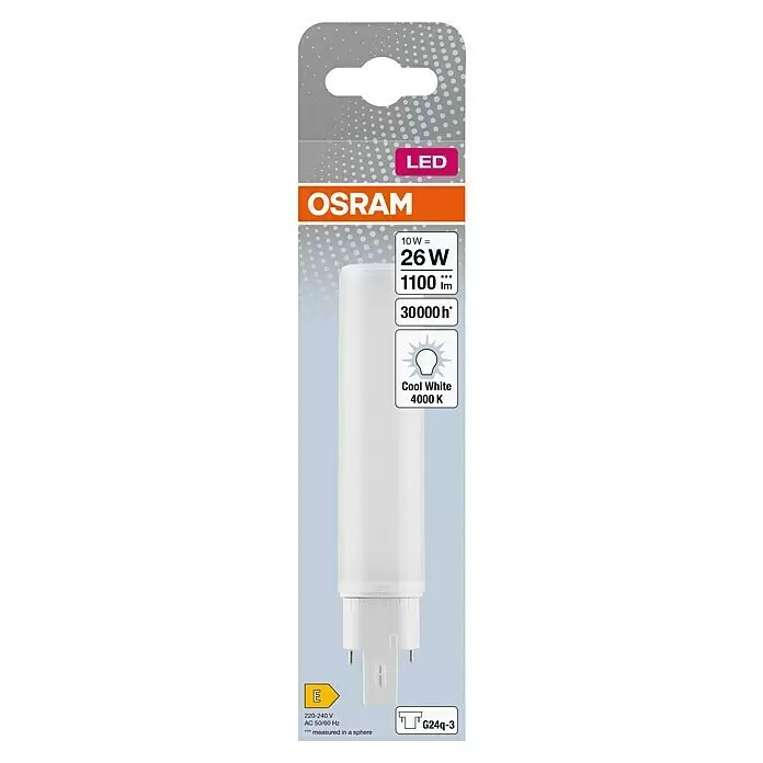 Osram Dulux D Bombilla LED - G24q-3, No regulable, Blanco neutro, 1.100 lm, 10 W, 1 ud. - Bombilla LED OSRAM blanca con base G24q-3, 1100 lm y luz blanca fría de 4000K, presentada en una tarjeta colgante de venta.