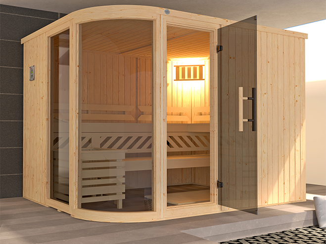 Fertig aufgebaute Sauna zum selber bauen für innen aus Holz und Glas