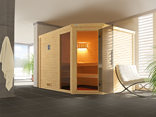 In einem Wellnessbereich aufgestellte Sauna zum selbst bauen