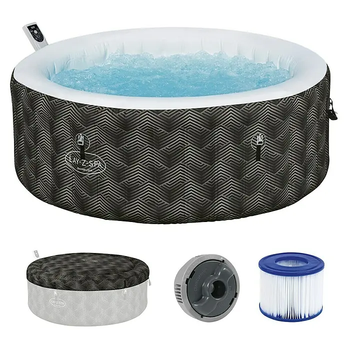 Bestway Lay-Z-Spa Mobil-Whirlpool Barbuda AirJet - Ø x H: 180 x 66 cm, Grau, 669 l - Aufblasbarer Lay-Z-Spa Barbuda Whirlpool mit Zubehör für entspannende Momente im eigenen Garten.