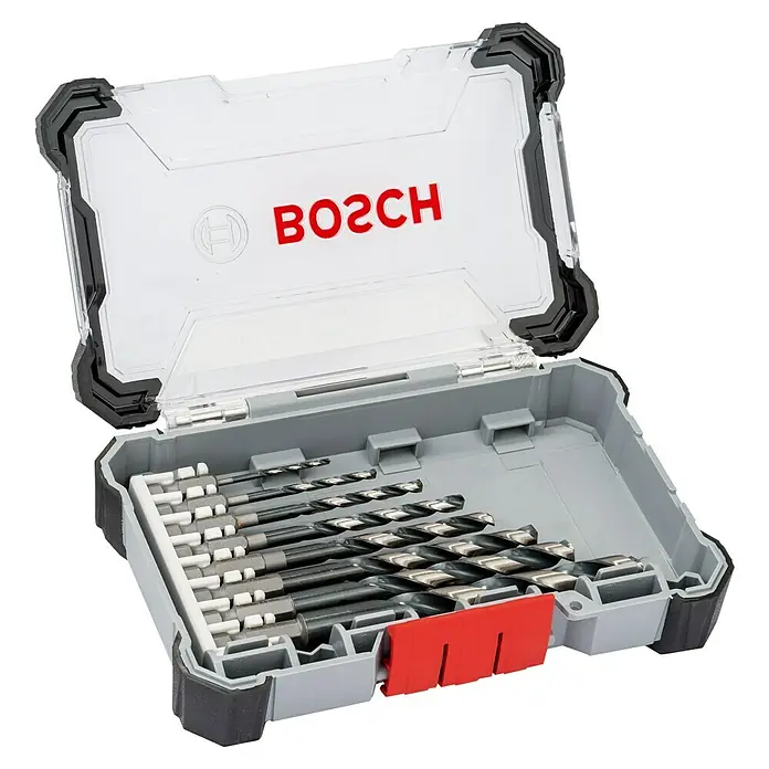 Bosch Metallbohrer Impact Control HSS - 8 Stk., Durchmesser Bohrer: 10 mm - Offener Bosch Werkzeugkoffer mit verschiedenen Bohrern, die übersichtlich angeordnet sind. Der Koffer ist grau mit roten Akzenten.