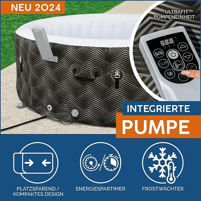 Bestway Lay-Z-Spa Mobil-Whirlpool Barbuda AirJet - Ø x H: 180 x 66 cm, Grau, 669 l - Bild eines aufblasbaren Whirlpools mit integrierter Pumpe und digitaler Steuerung, Modell NEU 2024, mit Energiesparfunktionen.