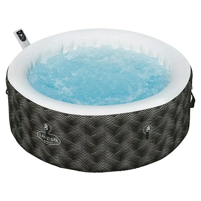 Bestway Lay-Z-Spa Mobil-Whirlpool Barbuda AirJet - Ø x H: 180 x 66 cm, Grau, 669 l - Das Lay-Z-Spa Barbados HydroJet Pro auf schwarzem Hintergrund. Der aufblasbare Whirlpool bietet Platz für bis zu 6 Personen.