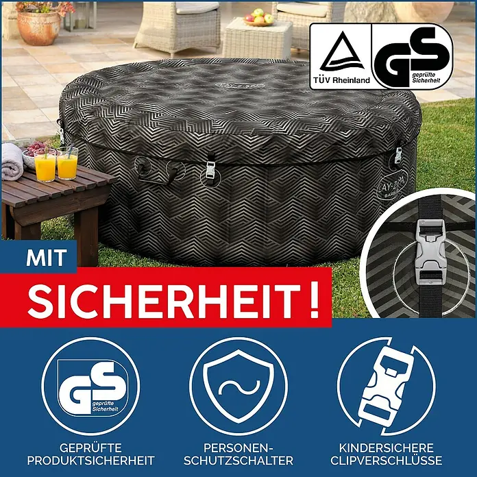 Bestway Lay-Z-Spa Mobil-Whirlpool Barbuda AirJet - Ø x H: 180 x 66 cm, Grau, 669 l - Das Bild zeigt einen Lay-Z-Spa Whirlpool mit Sicherheitsmerkmalen wie TÜV Rheinland Zertifizierung, GS-Zeichen und kindersicheren Clipverschlüssen.
