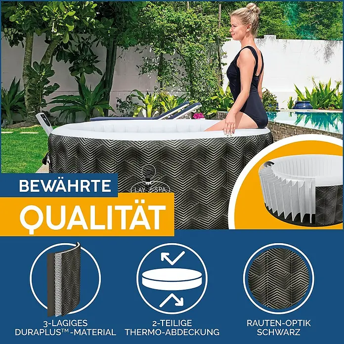 Bestway Lay-Z-Spa Mobil-Whirlpool Barbuda AirJet - Ø x H: 180 x 66 cm, Grau, 669 l - Abbildung eines Lay-Z-Spa Whirlpools in Rauten-Optik Schwarz, mit Qualitätsmerkmalen hervorgehoben.