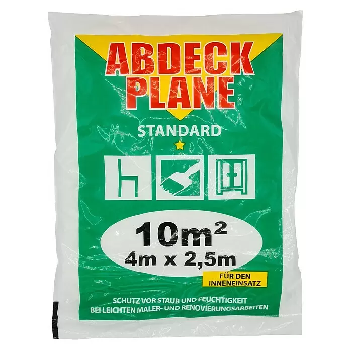 Abdeckfolie Standard - L x B: 4 x 2,5 m, 10 m² - Standard Abdeckplane, 10m² (4m x 2,5m), für leichte Maler- und Renovierungsarbeiten, Schutz vor Staub und Feuchtigkeit.