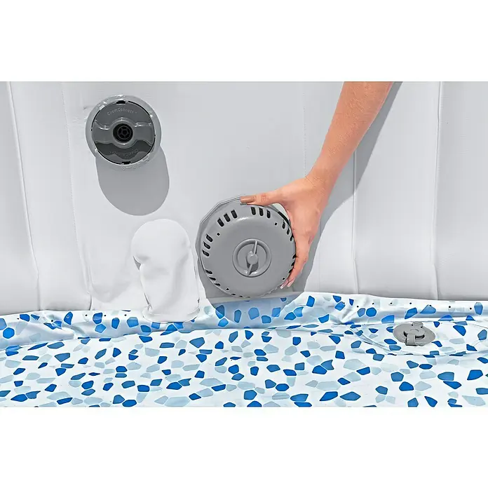 Bestway Lay-Z-Spa Mobil-Whirlpool Barbuda AirJetØ x H: 180 x 66 cm, Grau, 669 l - Detailansicht eines ChemConnect-Chemikalienspenders für eine einfache und sichere Wasserpflege im Pool.