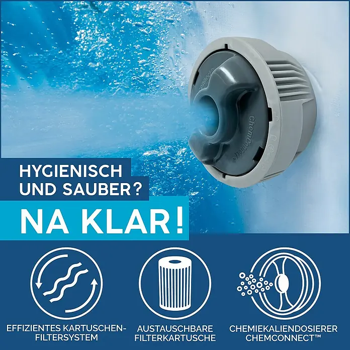 Bestway Lay-Z-Spa Mobil-Whirlpool Barbuda AirJet - Ø x H: 180 x 66 cm, Grau, 669 l - Das Bild zeigt eine Nahaufnahme eines Chemconnect-Systems, das für sauberes und hygienisches Poolwasser sorgt.
