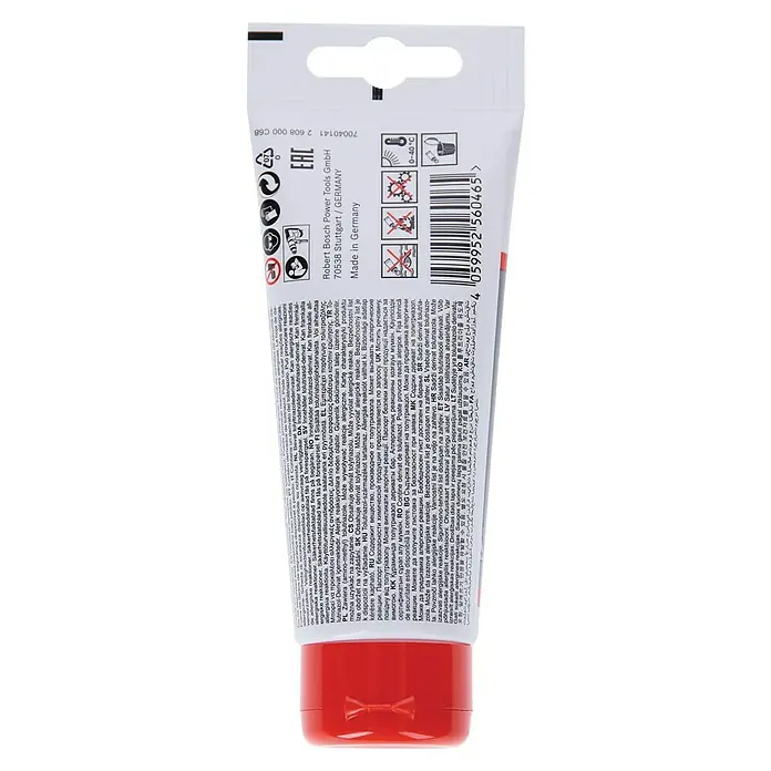 Bosch Grasa para broca - 100 mg - La imagen muestra la parte trasera de un tubo de Robert Bosch Power Tools GmbH, fabricado en Alemania.