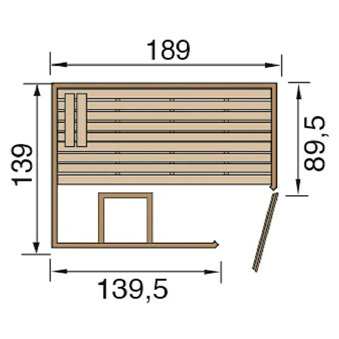 Weka Massivholzsauna Valida Eck 1 GT - L x B x H: 139 x 189 x 203,5 cm, Grundfläche: 2,12 m² - Draufsicht des Sauna-Grundrisses mit Bemaßungen. Die Sauna ist 189 cm breit und 139 cm tief, und die Bank ist 89,5 cm hoch und 139,5 cm lang.