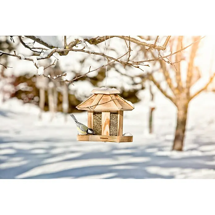 Windhager Vogelhaus - L x B x H: 26 x 26 x 24,5 cm, Natur, Geflammt, Holz - Eine hölzerne Vogeltränke hängt an einem Ast im Schnee, während ein kleiner Vogel frisst. Ideal für die Winterfütterung von Wildvögeln.