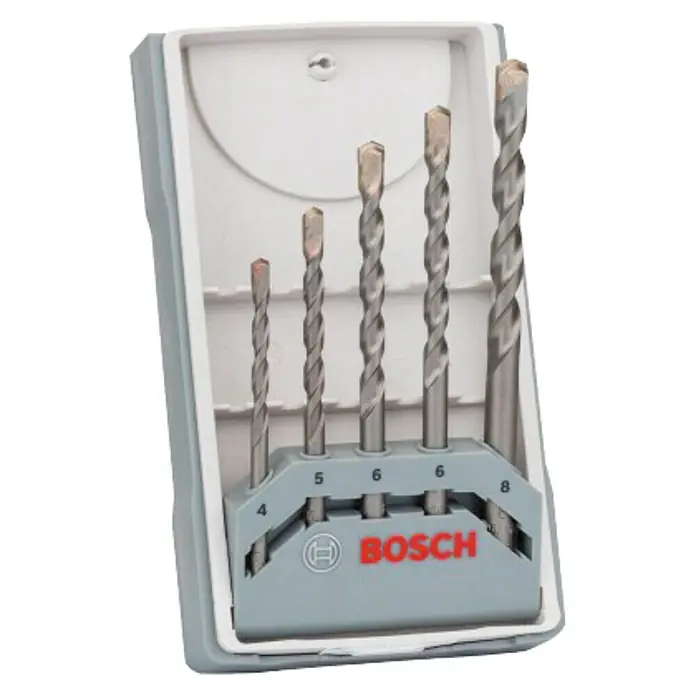 Bosch Set de brocas CYL-3 - Diámetro de la broca: 8 mm - Un juego de brocas Bosch de varios tamaños para piedra, bien ordenadas en un estuche gris.