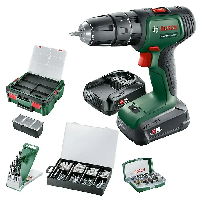 Bosch Power for All 18V Akku-Schlagbohrschrauber UniversalImpact 18V - 18 V, 2 Akkus, 1,5 Ah, 34 Nm, 210 -tlg. - Das Bild zeigt eine Bosch UniversalImpact 18V Akku-Bohrmaschine mit Zubehör, präsentiert auf einem schwarzen Hintergrund.