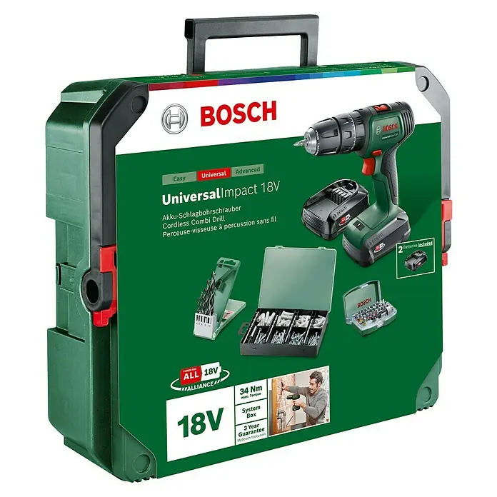 Bosch Power for All 18V Akku-Schlagbohrschrauber UniversalImpact 18V - 18 V, 2 Akkus, 1,5 Ah, 34 Nm, 210 -tlg. - Bild eines Bosch UniversalImpact 18V Akku-Schlagbohrschraubers im Koffer mit Zubehör und zwei Akkus.