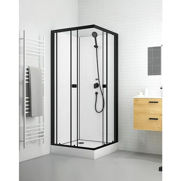 Aurlane Cabina de ducha completa Essential Square - 80 x 80 x 192,5 cm, Negro - Cabina de ducha moderna con marco negro y panel posterior blanco, que complementa un diseño de baño elegante.