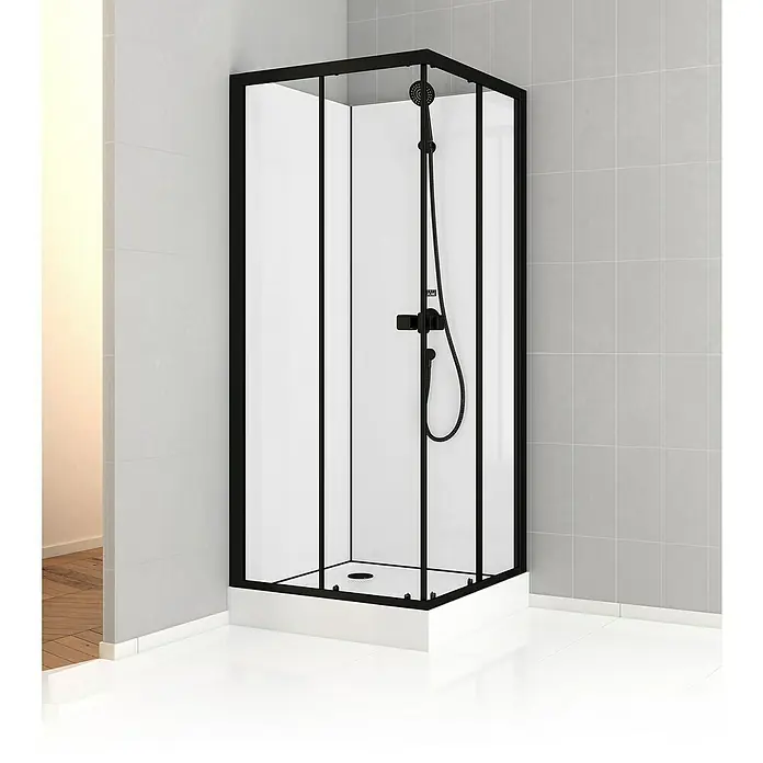 Aurlane Cabina de ducha completa Essential Square - 80 x 80 x 192,5 cm, Negro - Cabina de ducha negra con paneles de vidrio claro y accesorios modernos, realzando el diseño elegante del baño.