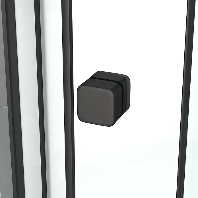 Aurlane Cabina de ducha completa Essential Square - 80 x 80 x 192,5 cm, Negro - Primer plano de una manija de puerta negra cuadrada y moderna en una cabina de ducha con puerta blanca y marco oscuro.