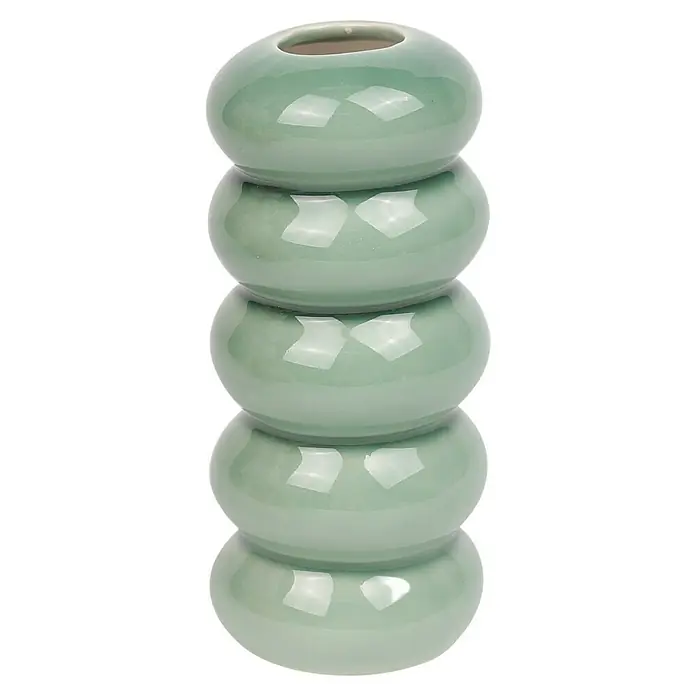 Vase Bubbles - Ø x H: 7 x 16 cm, Keramik, Grün - Ein grüner, runder Keramik-Blumentopf mit glänzender Oberfläche und einer einzigartigen, gestapelten Form. Ideal für die Inneneinrichtung.