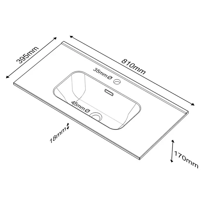 Lavabo Nix New - 39,5 x 81 cm, Orificios para grifo: Medio, Con desbordamiento, Blanco - Dibujo técnico de un lavabo con dimensiones 810x395x170mm, orificio para grifo de 35mm Ø, desagüe de 45mm Ø, espesor de material de 18mm.
