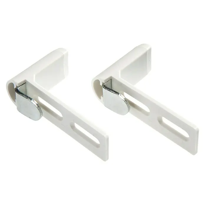 Klemmträger Universal - 2 Stk., Geeignet für: Drehfenster, Weiß - Zwei weiße, winkelige Rollladenträger mit silbernen Metalleinsätzen für die Befestigung von Rollläden oder Jalousien.