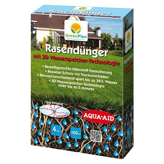 GreenPlan Aqua Aid Langzeit-Rasendünger mit 3D Wasserspeicher-Technologie (4 kg) | BAUHAUS