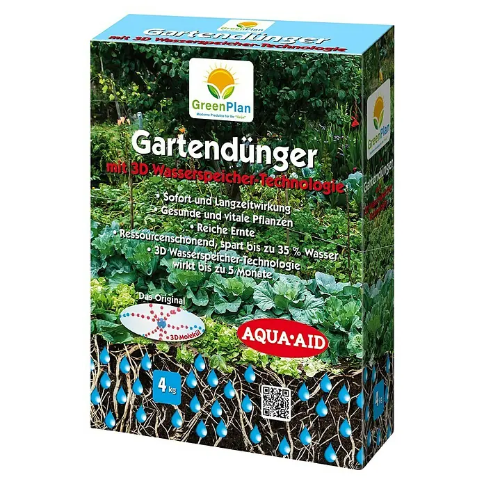 GreenPlan Aqua Aid Universaldünger mit 3D Wasserspeicher-Technologie - 4 kg - Verpackung von GreenPlan Gartendünger mit 3D Wasserspeicher-Technologie, 4 kg. Für sofortige und langfristige Wirkung im Garten.