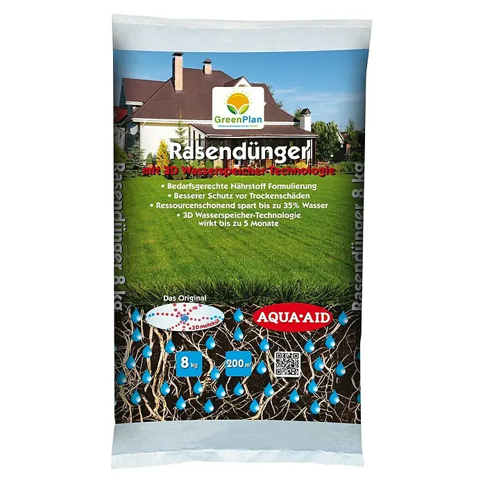 GreenPlan Aqua Aid Rasendünger mit 3D Wasserspeicher-Technologie - 8 kg, Max. Anwendungsfläche: 200 m² - Rasendünger-Verpackung mit 3D-Wasserspeicher-Technologie, die bis zu 35% Wasser spart und bis zu 5 Monate wirkt.