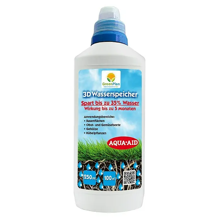 GreenPlan Aqua Aid Wasserspeicher 3D - 250 ml - Produktbild einer Flasche 3D Wasserspeicher von GreenPlan, die bis zu 35% Wasser spart und bis zu 5 Monate wirkt.