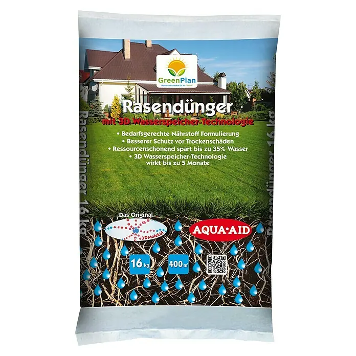 GreenPlan Aqua Aid Rasendünger mit 3D Wasserspeicher-Technologie - 16 kg, Max. Anwendungsfläche: 400 m² - Rasendünger von GreenPlan mit 3D Wasserspeicher-Technologie für einen gesunden Rasen und weniger Wasserverbrauch.