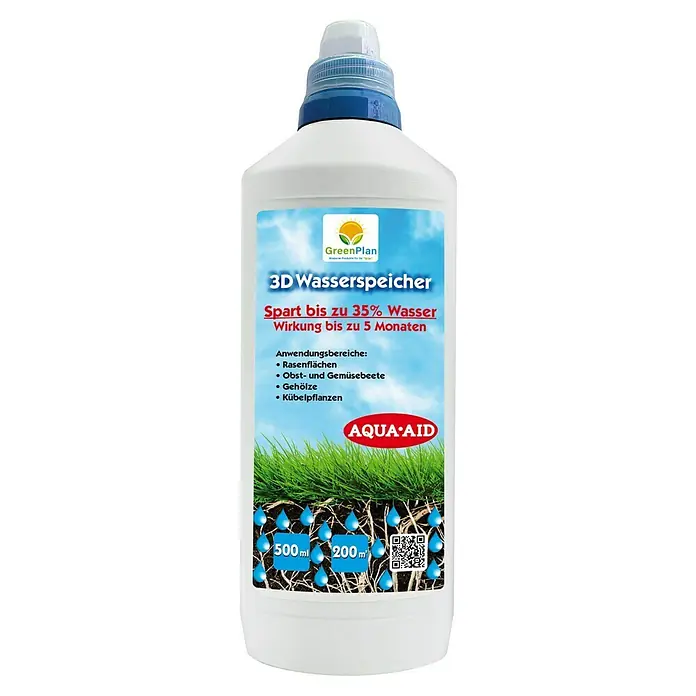 GreenPlan Aqua Aid Wasserspeicher 3D - 500 ml - Produktabbildung einer Flasche GreenPlan 3D Wasserspeicher, die bis zu 35 % Wasser spart und bis zu 5 Monate wirkt.