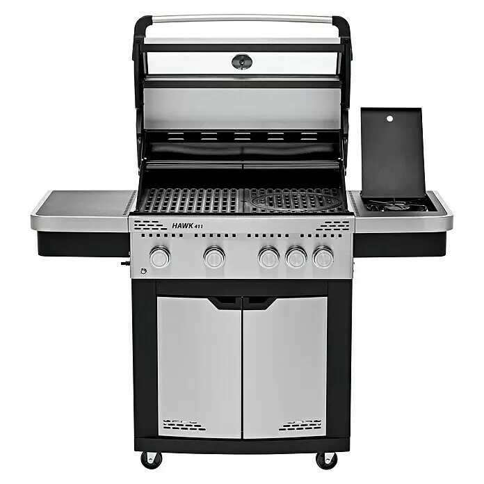 Grandstate Gasgrill Hawk 411 - Grillfläche (B x T): 71 x 49 cm, 15,2 kW, Anzahl Brenner: 4 Stk. - Gasgrill aus Edelstahl und Schwarz, offener Deckel, mit Seitenablagen, Bedienelementen und Seitenbrenner.