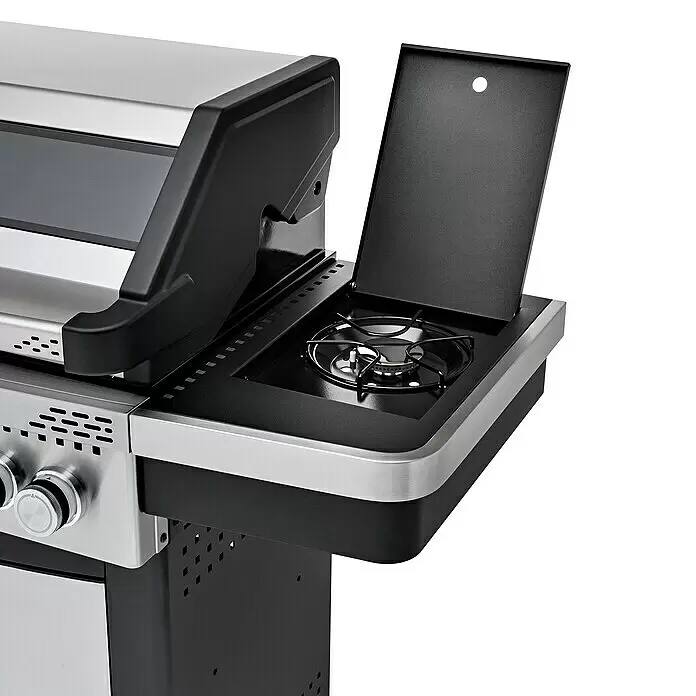 Grandstate Gasgrill Hawk 411 - Grillfläche (B x T): 71 x 49 cm, 15,2 kW, Anzahl Brenner: 4 Stk. - Schwarz-silberner Gasgrill-Seitenbrenner mit geöffnetem Deckel, der den Brennerrost zeigt.