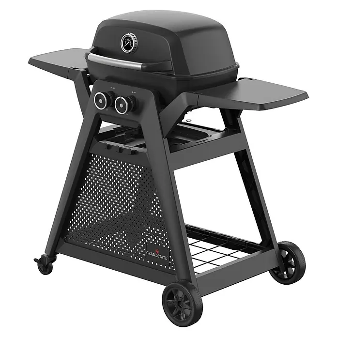 Grandstate Gasgrill Black Kite 200 - Grillfläche (B x T): 57 x 38 cm, 7,2 kW, Anzahl Brenner: 2 Stk. - Hier ist ein Bild eines schwarzen Grills mit zwei Ablagetischen an den Seiten und einem Untergestell mit Rädern für den Transport.