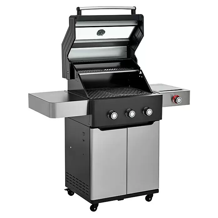 Edelheiss Gasgrill Exzellenz 1.3 - Grillfläche (B x T): 59 x 45,5 cm, 12,6 kW, Anzahl Brenner: 3 Stk. - Moderner Gasgrill in Schwarz und Silber mit offenem Deckel, Seitenablagen und Bedienknöpfen auf Rollen.