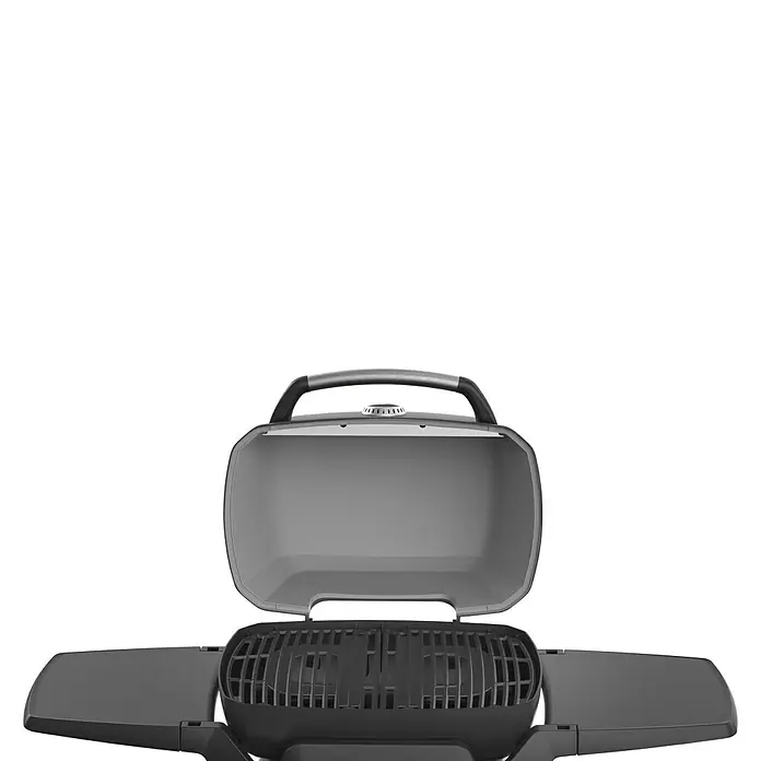 Grandstate Gasgrill Black Kite 200 - Grillfläche (B x T): 57 x 38 cm, 7,2 kW, Anzahl Brenner: 2 Stk. - Hier ist ein Bild von einem tragbaren Holzkohlegrill. Der Grill ist grau und hat einen Griff zum einfachen Tragen.