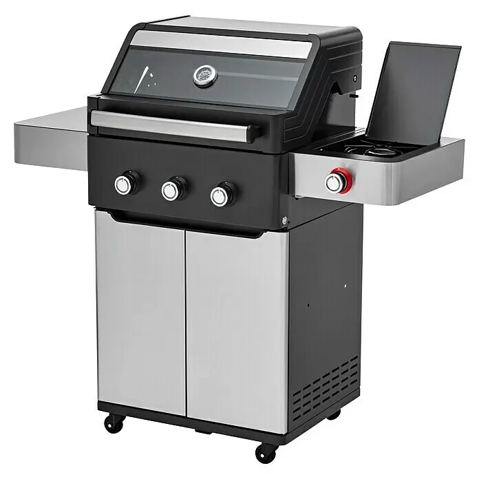 Edelheiss Gasgrill Exzellenz 1.3 - Grillfläche (B x T): 59 x 45,5 cm, 12,6 kW, Anzahl Brenner: 3 Stk. - Moderner Gasgrill aus Schwarz und Edelstahl mit Glasdeckel, Seitenbrenner, Unterschrank und Rollen.