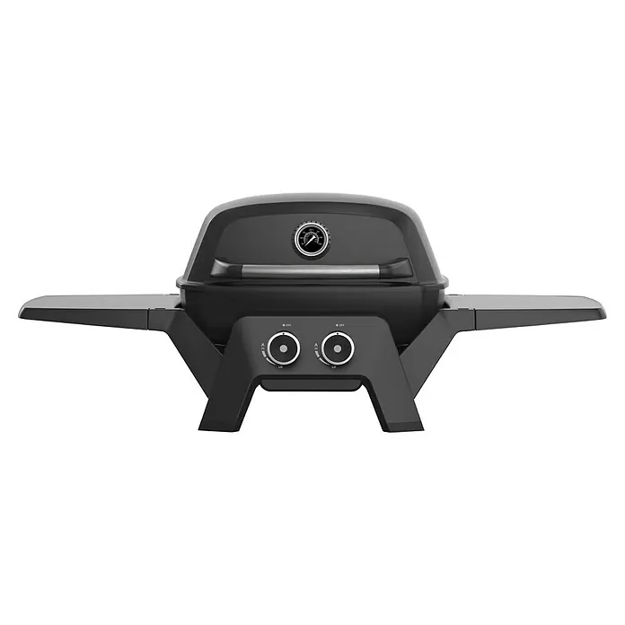 Grandstate Gasgrill Black Kite 200 - Grillfläche (B x T): 57 x 38 cm, 7,2 kW, Anzahl Brenner: 2 Stk. - Abbildung eines tragbaren schwarzen Grills mit zwei Reglern und einem Temperaturmessgerät für präzises Grillen im Freien.