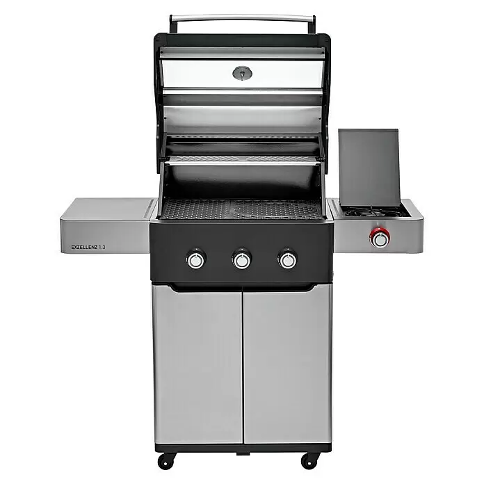 Edelheiss Gasgrill Exzellenz 1.3 - Grillfläche (B x T): 59 x 45,5 cm, 12,6 kW, Anzahl Brenner: 3 Stk. - Gasgrill aus Edelstahl und Schwarz mit geöffnetem Deckel, Grillrosten, Temperaturanzeige und Seitenbrenner. Er hat Bedienknöpfe und Schranktüren.