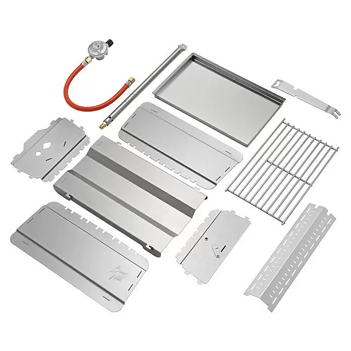 Bruzz Willi Gasgrill BW 1.1 - Wander Edition - Grillfläche (B x T): 39 x 19,5 cm, 3,5 kW, Anzahl Brenner: 1 Stk. - Zerlegbares Gasgrill-Set aus Edelstahlkomponenten, Gasschlauch, Regler und Brennerrohr.