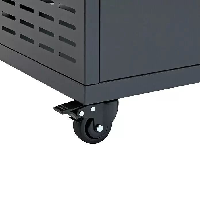 Edelheiss Gasgrill Exzellenz 1.4 - Grillfläche (B x T): 68 x 45,5 cm, 16,8 kW, Anzahl Brenner: 4 Stk. - Nahaufnahme einer schwarzen Lenkrolle an einem dunkelgrauen Metallschrank.