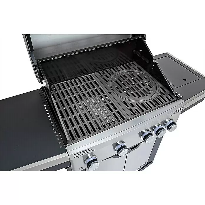 Grandstate Gasgrill Hawk 411 - Grillfläche (B x T): 71 x 49 cm, 15,2 kW, Anzahl Brenner: 4 Stk. - Gasgrill aus Edelstahl mit schwarzen Rosten und geöffnetem Deckel, der die Kochfläche und die Seitenablagen zeigt.