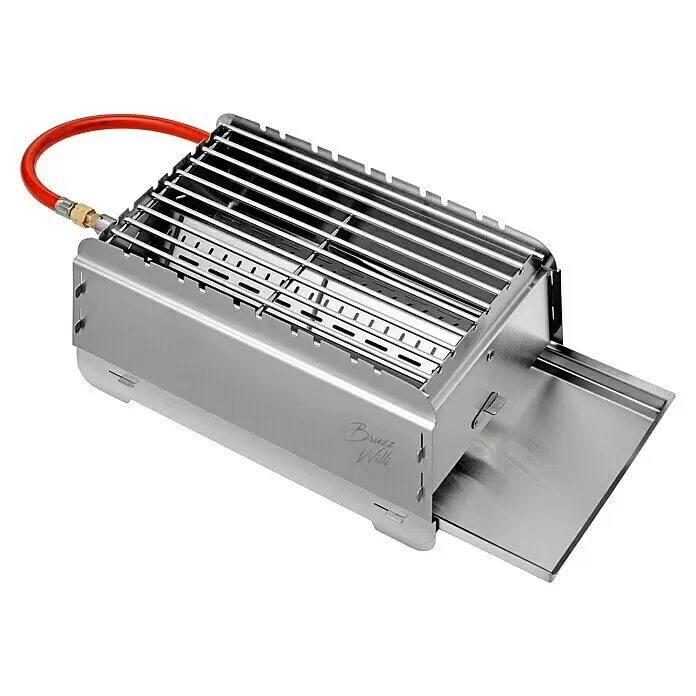 Bruzz Willi Gasgrill BW 1.1 - Wander Edition - Grillfläche (B x T): 39 x 19,5 cm, 3,5 kW, Anzahl Brenner: 1 Stk. - Edelstahl-Campinggasgrill mit rotem Schlauch und ausziehbarer Auffangschale.