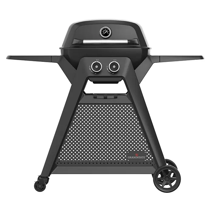 Grandstate Gasgrill Black Kite 200 - Grillfläche (B x T): 57 x 38 cm, 7,2 kW, Anzahl Brenner: 2 Stk. - Abbildung eines Grandstate-Grills. Der Grill ist schwarz und hat zwei Seitenablagen. Es hat auch eine Temperaturanzeige am Deckel.