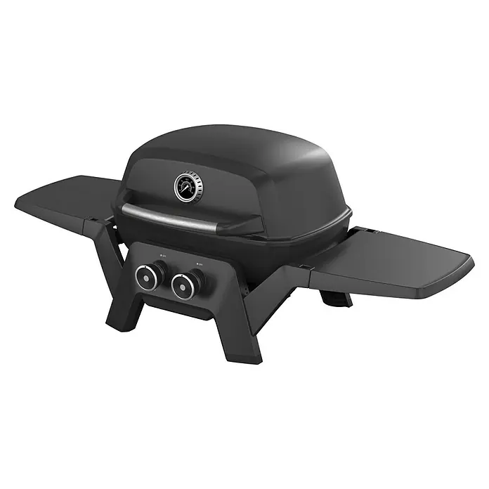 Grandstate Gasgrill Black Kite 200 - Grillfläche (B x T): 57 x 38 cm, 7,2 kW, Anzahl Brenner: 2 Stk. - Schwarzer tragbarer Grill mit Temperaturanzeige und zwei Reglern für präzise Hitzekontrolle.
