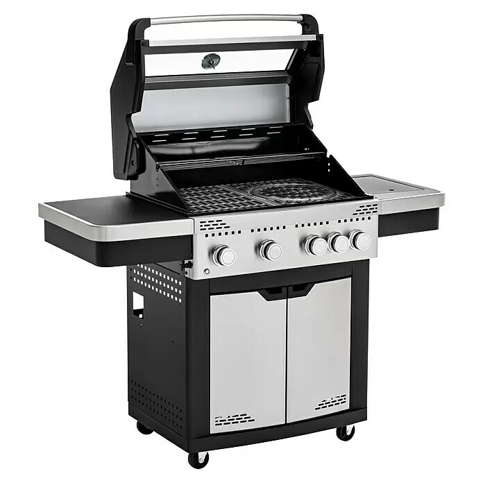 Grandstate Gasgrill Hawk 411 - Grillfläche (B x T): 71 x 49 cm, 15,2 kW, Anzahl Brenner: 4 Stk. - Modernes Gasgrill in Schwarz-Silber mit mehreren Brennern, Seitenablagen und Unterschrank auf Rollen.