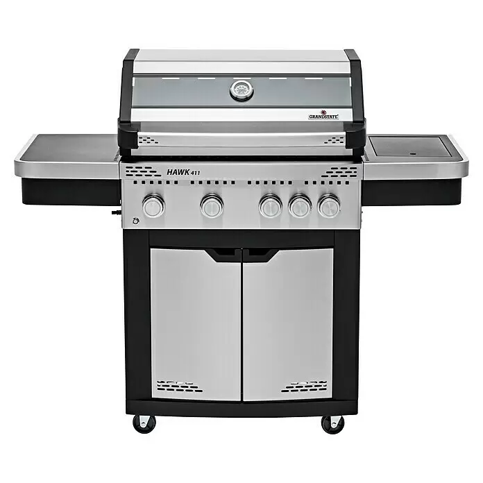Grandstate Gasgrill Hawk 411 - Grillfläche (B x T): 71 x 49 cm, 15,2 kW, Anzahl Brenner: 4 Stk. - Gasgrill aus Edelstahl und Schwarz mit Seitenablagen, Bedienknöpfen und integriertem Thermometer.
